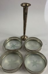 Small Lord Baltimore Sterling Weighted Candle Holder / 4 Metal & Glass Coasters