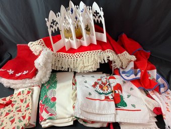Assorted Christmas- Winter Tablecloths, Bags, Decor, Aprons, Towels