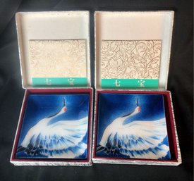 A Pair Of Circa 1970's Japanese Cloisonne Crane Trays, 4 5/8' Square