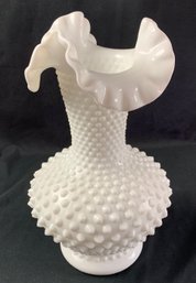 Vintage Fenton Milk Glass Hobnail Vase With Ruffled Rim
