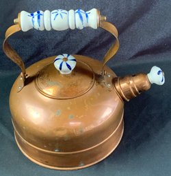 Vintage Copper Tea Kettle With White & Blue Porcelain Handle And Knobs