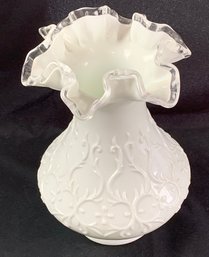 Vintage Fenton Silver Crest Spanish Lace Ruffled Milk Glass Vase
