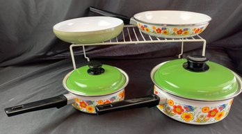 Circa 1970 Enamel Yellow, Green, Orange, Blue Floral On White Cooking Pans.