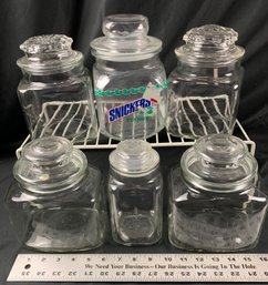 6 Clear Glass Canisters/ Storage Jars With Lids.