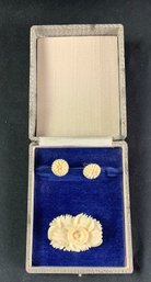 Vintage Carved Brooch And Screw Earrings In Presentation Box
