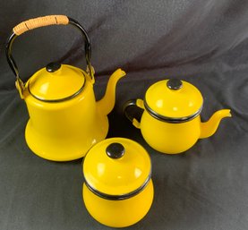 Vintage Asahi Japanese Yellow Enamelware Tea Pot, Cream & Sugar