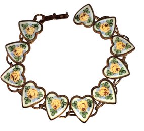 Vintage Sterling Silver Guilloche Enamel Hearts With Yellow Roses Link Bracelet