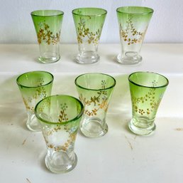 7 Antique Painted Green Shot Glasses