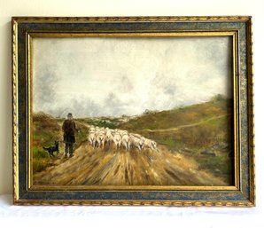 1895 Antique Oil On Board H. L. Hayward Shepherd With Sheep And Dog.