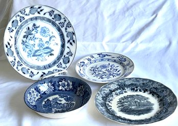 4 Antique Blue And White Plates/ Bowl