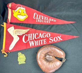 Vintage Baseball Pennants & Glove Brooklyn, Cleveland, Chicago
