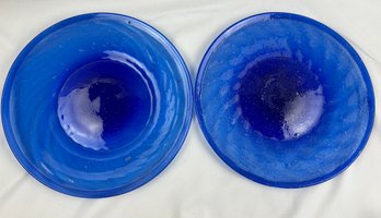 2 Vintage Cobalt Blue Handblown Swirl Dinner Plates