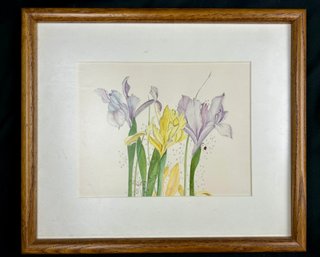 Original Watercolor- Floral Irises With Ladybug
