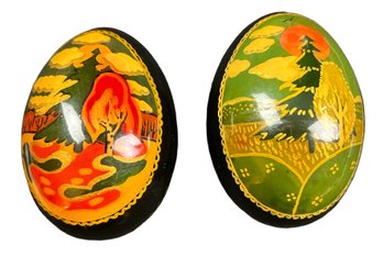 Two Hand Painted Laquered Wooden Eggs