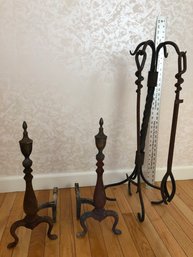 Old Fireplace Tools With Holder And Two Andirons