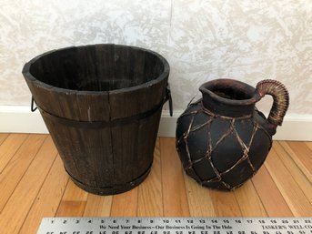 Planter Bucket With Handles And Clay Pitcher