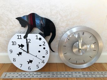 2 Battery Operated Clocks, Cat And Fish, Untested