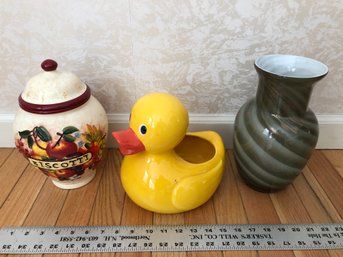 3 Ceramic Containers. Duck, Vase, Biscotti
