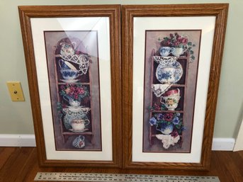 2 Framed Pictures Of Tea Cups On Shelf, 32 By 17
