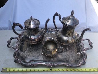 Large Heavy Footed Silver Plate Tray, Two Pitchers, Creamer