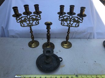 2 Brass Lion Triple Candleholders, Single Brass Candle Holder, Pooled Pewter Candle Holder
