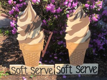 2 Wooden Soft Serve Ice Cream Advertising Signs, From A Local Granby Business, 38 Inches High By 23 Inch Long