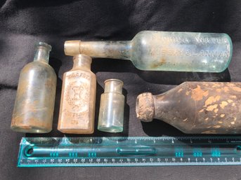 4 Antique Glass Bottles, One Clay, Portland Maine, Florida Water Murray And Lannan Druggist New York