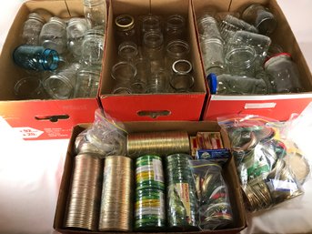 Three Boxes Of Various Size Glass Canning Jars With Lid Supplies