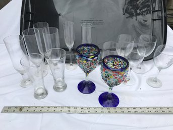 Two Heavy Multi Colored Water Goblets, Various Wine, Beer, Champagne Glasses