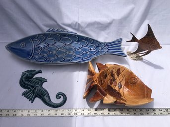 Large Fish Dish, Wood Carved Fish Bowl, Ceramic Sea Horse, Standing Fish