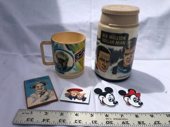 Aladdin 6 Million Dollar Man Thermos, Empire Strike Back Mug, Disney Magnets