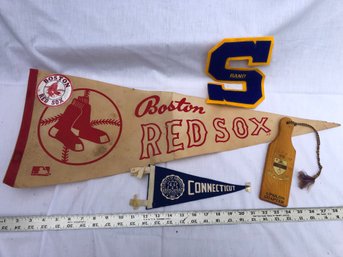 Vintage Fraternity Rush Paddle, Boston Red Sox Pennant, Uconn Pennant, Varsity Letter