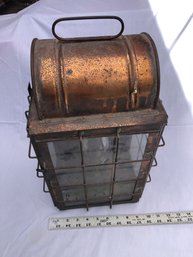 Large Copper Or Brass Oil Lantern. Approximately 18 Inches Tall By 10 Inches Wide.