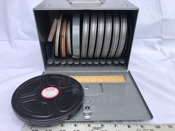 Metal Case Filled With Old Reel Film. Includes Commemorative Man On The Moon Film, See Pics.