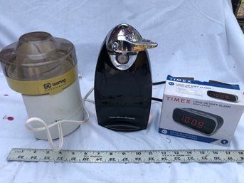 Waring Juicer, Hamilton Beach Can Opener, Timex, Plug-in Clock. Untested