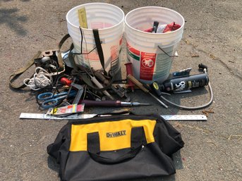 Two 5 Gallon Buckets Filled With Old Tools And New Dewalt Bag