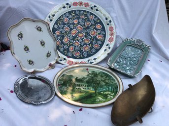 6 Various Metal And Glass, Porcelain, Trays