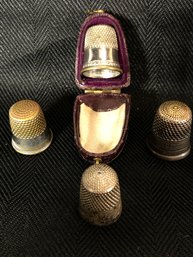 4 Thimbles , One Marked Sterling, One With Case Cover, See Pics