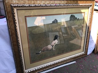 Very Large Frame Picture Woman In Meadow, Approximate Size Is 38 Inches High By 50 Inches Long