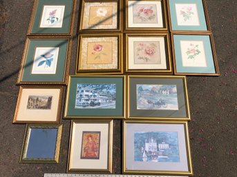 Lot Of 14 Gold Framed Pictures, Flowers, Colonial, See Pics