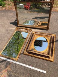 3 Gold, Hanging Mirrors, Larger Mirror Has Staining On It Along With Some Wood Missing From Frame, Dirty