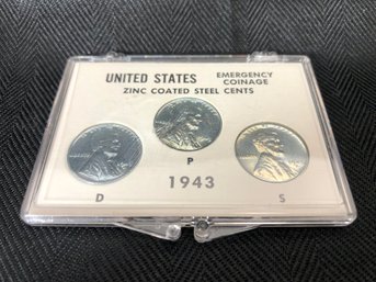 1943 US Zinc Coated Steel Cents Penny In Case