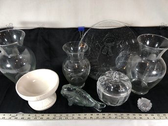 Three Glass Vases, Glass Bowl With Lid, Fish, Platter, White Pedestal Bowl, Small Shell Case