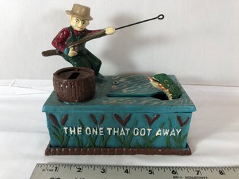 Vintage Cast Iron  Fisherman Mechanical Bank-'The One That Got Away' Tested