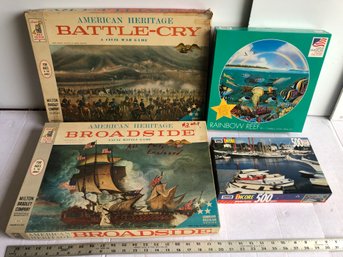 Vintage Games, Battle Cry, And Broadside, Two Puzzles. Dirty, Unknown If All Pieces Present, Boxes Have Wear