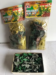 2 Military Play Set Still In Package And Box Of Plastic Soldiers Made In Hong Kong