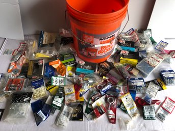 Home Depot Bucket Filled With Various Hardware, Majority Is New In Packages. See Pics
