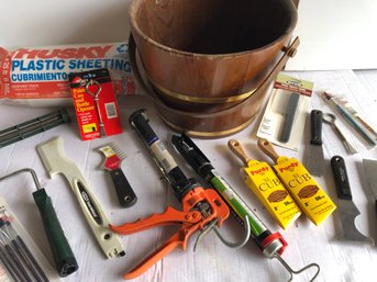 Lot Of Painting Items Mostly New With Wooden Bucket