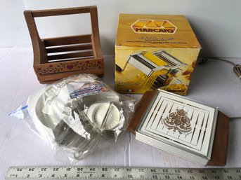 Atlas Pasta Maker, Vintage Food Warmer, Pierogi Maker, Wood Basket. Untested
