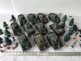 11 New Ray Toy Tanks With Trees And Soldiers, Untested